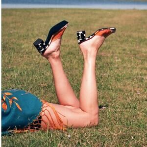 Les Petits Joueurs Fanny Orange PVC strap cow Print suede leather mules size 38